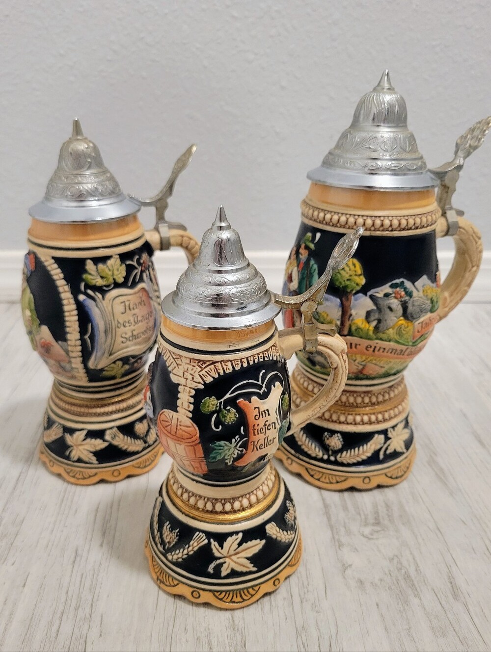 3 Vintage Musical Western Germany DBGM German Pewter Lid Oktoberfest Beer Steins